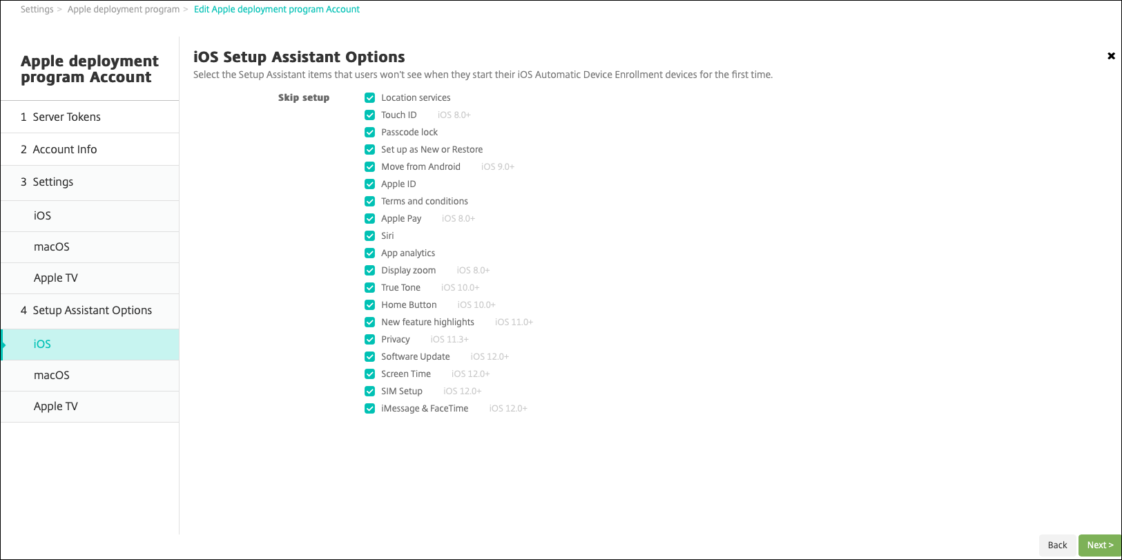 Pantalla de parámetros de la cuenta del Programa de implementación de Apple