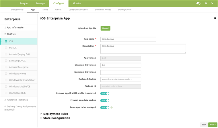 Enterprise app settings