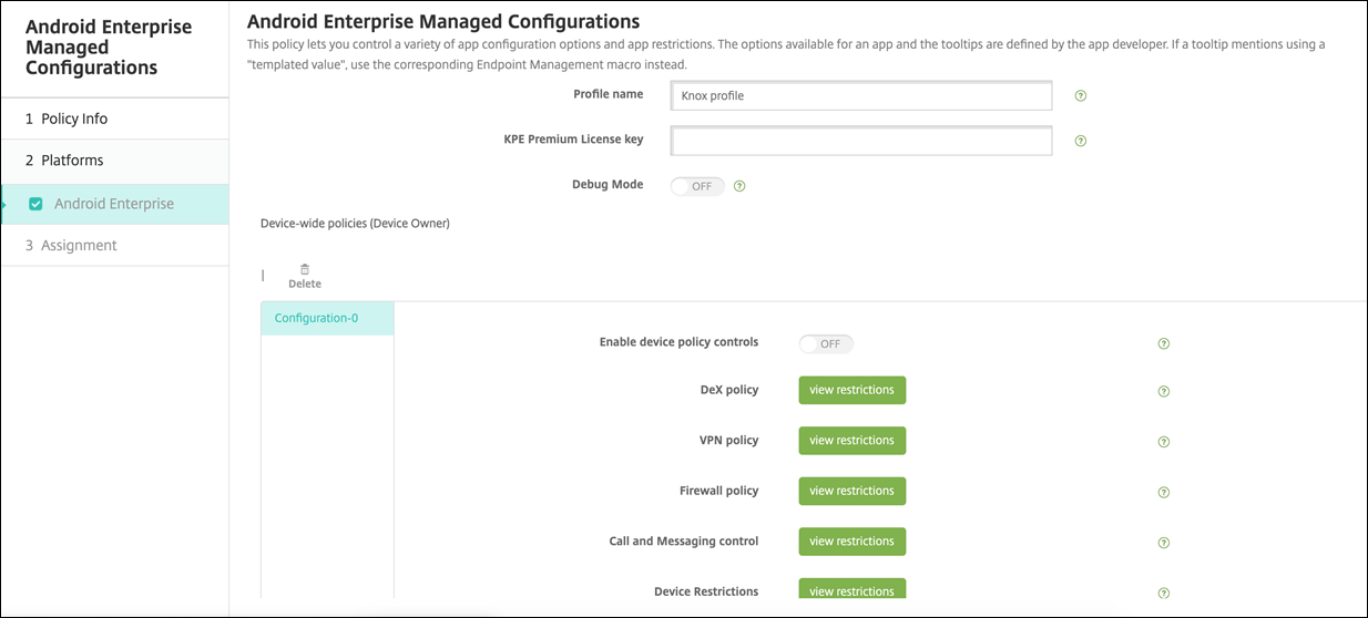 Política de Knox Service Plug-in de configuração gerenciada do Android Enterprise