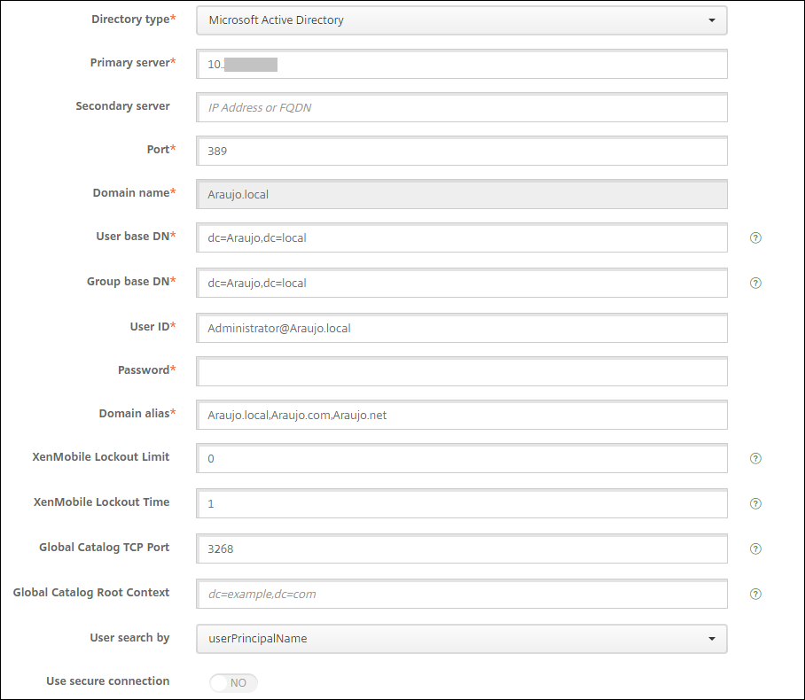 Pantalla de configuración de LDAP de XenMobile