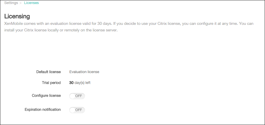 Image of Licensing configuration screen