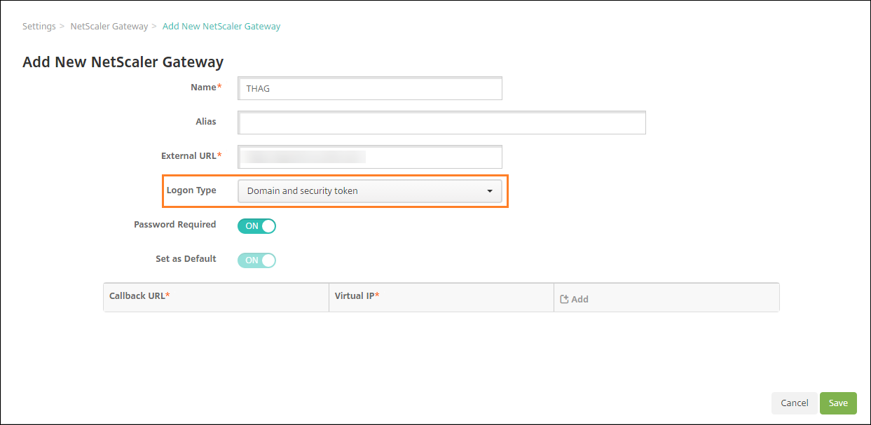 Écran de configuration de Citrix Gateway