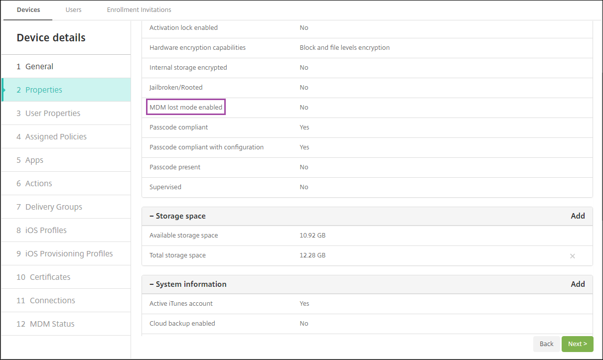 Paramètre du Mode perdu MDM activé