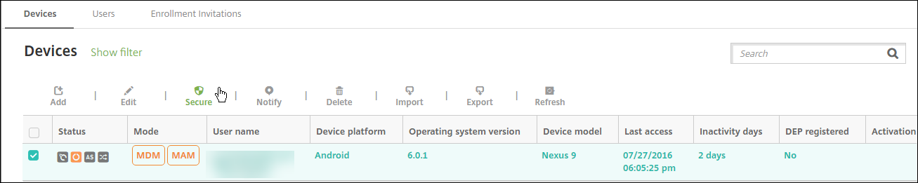 The Secure Android device option