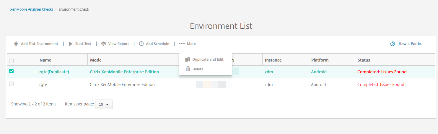 Imagen de la configuración y las comprobaciones de XenMobile Analyzer