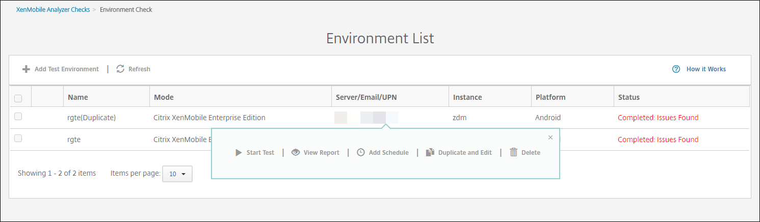 Imagen de la configuración y las comprobaciones de XenMobile Analyzer