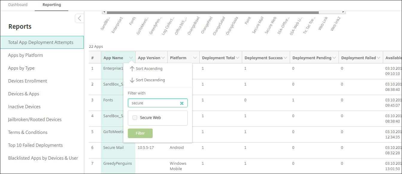 Image of report column sorting, filtering, and searching