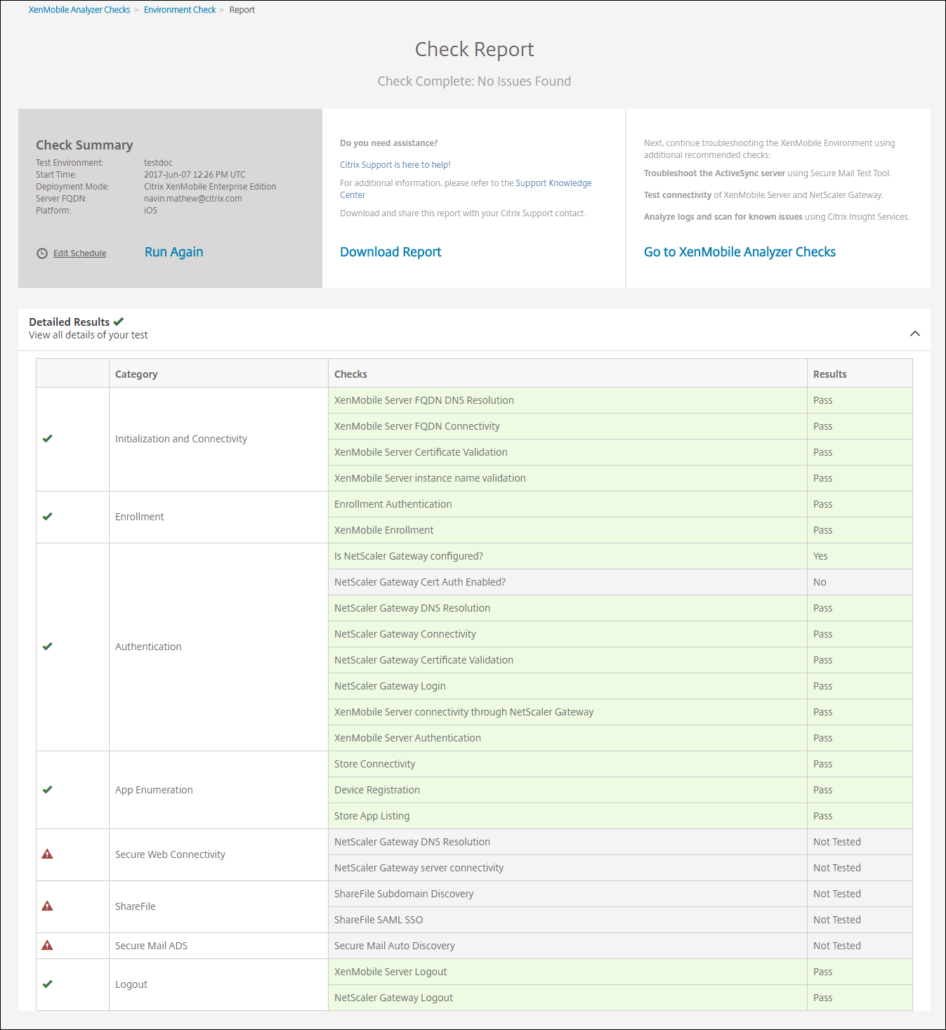 Imagen de la configuración y las comprobaciones de XenMobile Analyzer