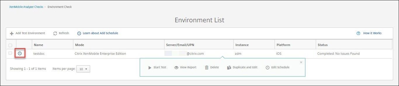 Imagen de la configuración y las comprobaciones de XenMobile Analyzer