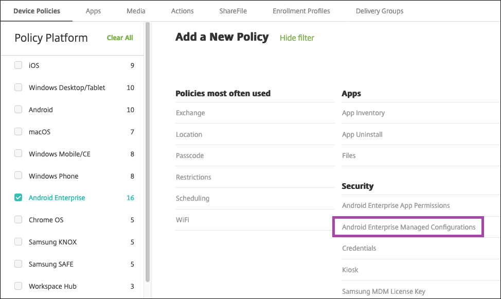 Imagen de determinadas directivas de Android Enterprise