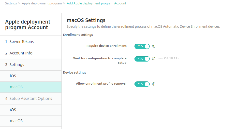 Écran des paramètres du compte du programme de déploiement d'Apple