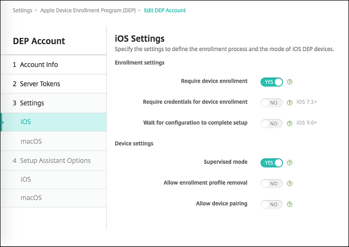 Pantalla de parámetros del Programa de implementación de Apple