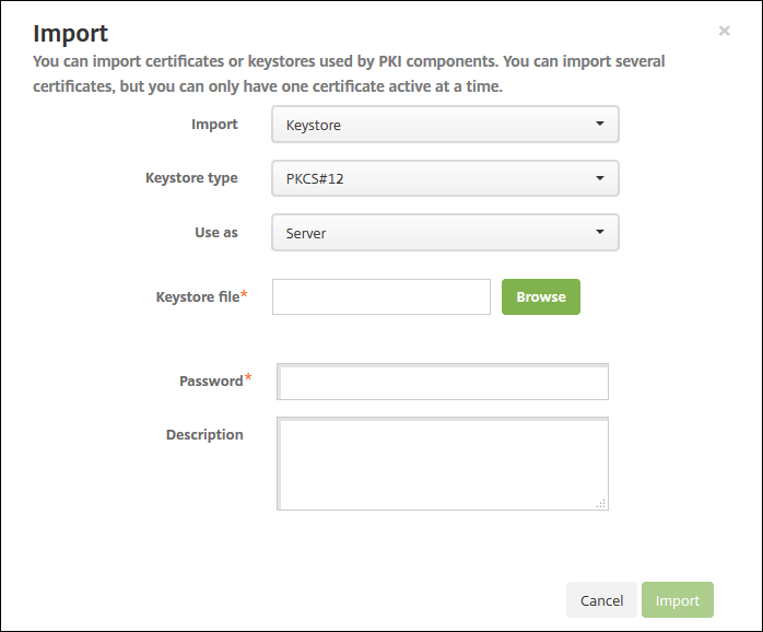 Página de configuración de certificados