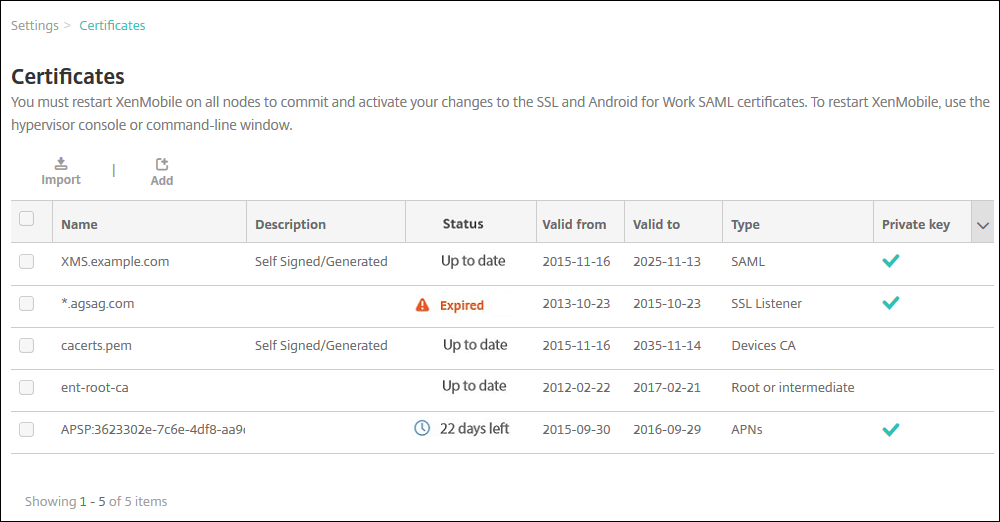 Page de configuration Certificats