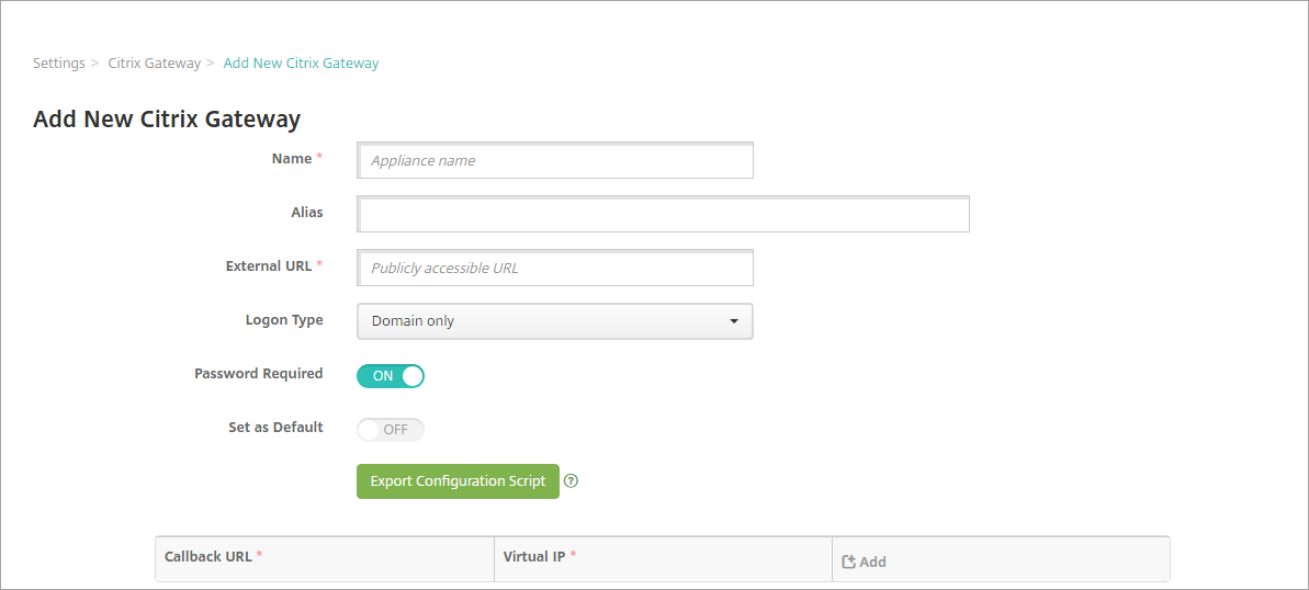 Pantalla de configuración de Citrix Gateway