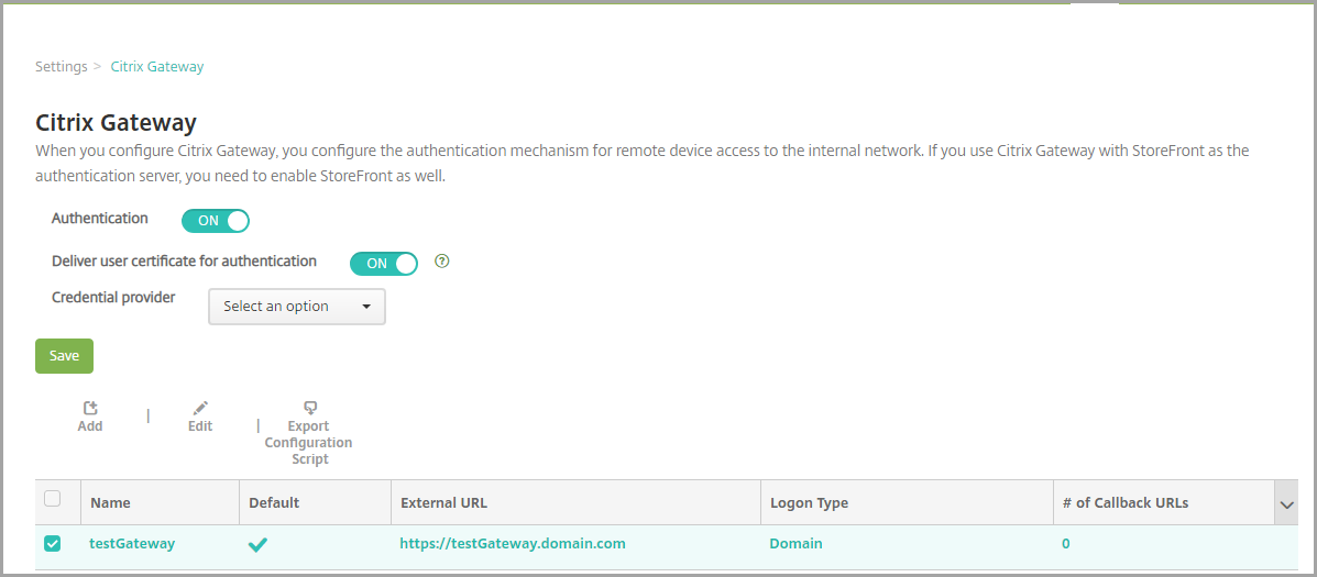 Écran de configuration de Citrix Gateway