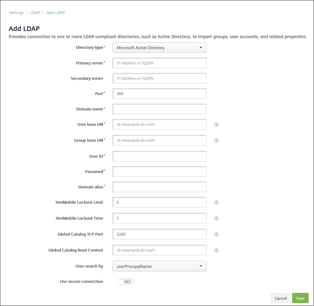 LDAP configuration screen