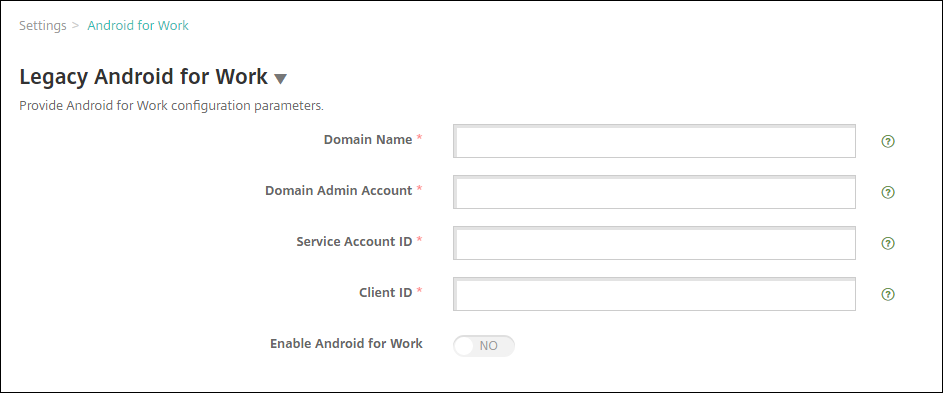 Imagem da página de configuração do Android企业