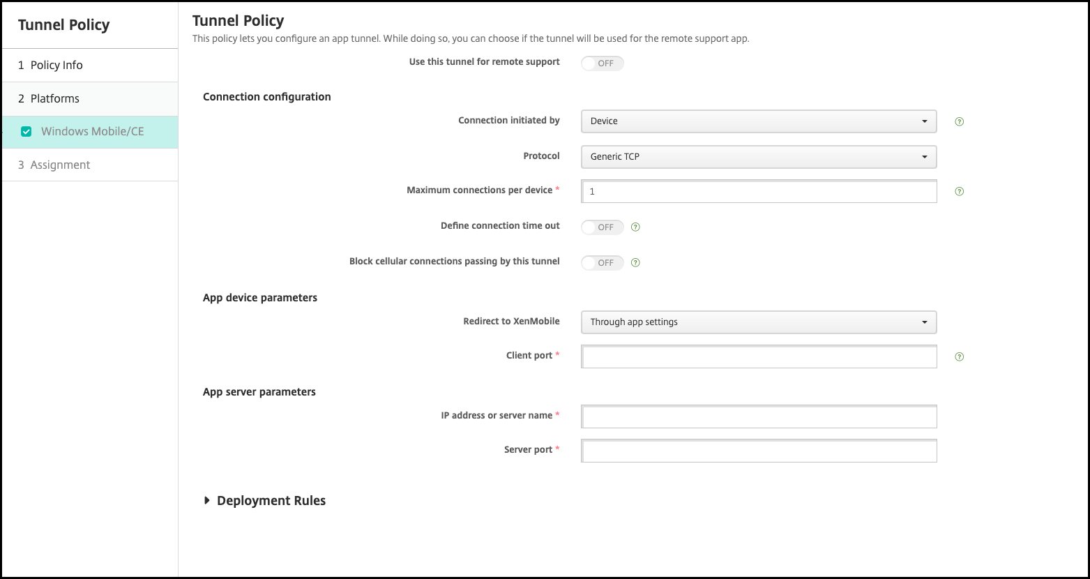 Image de l'écran de configuration Stratégies d'appareil