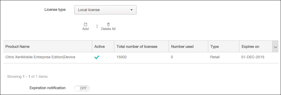 Image de l'écran de configuration des licences