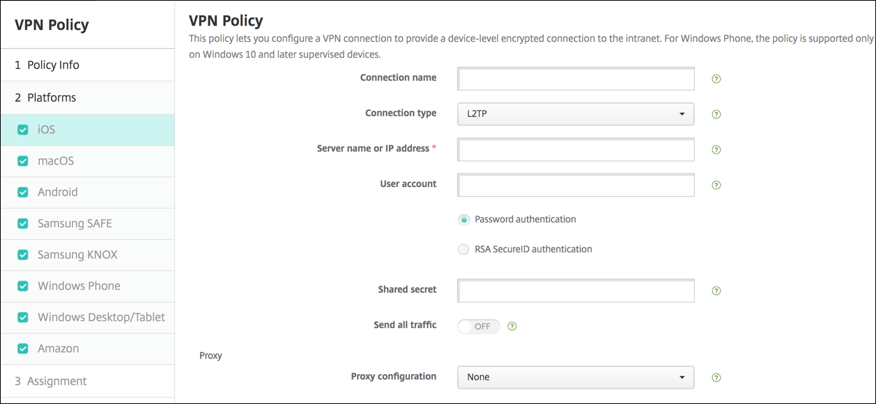 Écran de configuration Stratégies d'appareil