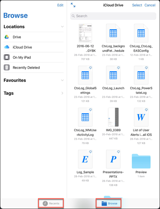 iOS上的最近文件和浏览文件